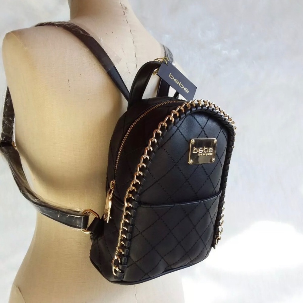 BEBE JULIA MINI QUILTED BACKPACK WITH GOLD CHAIN NWT BLACK GOLD ZIPPER